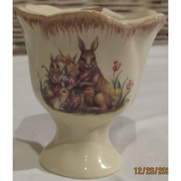 Easter egg cup ceramic with bunny rabbit purple flowers butterfly inside - Picture 1 of 6